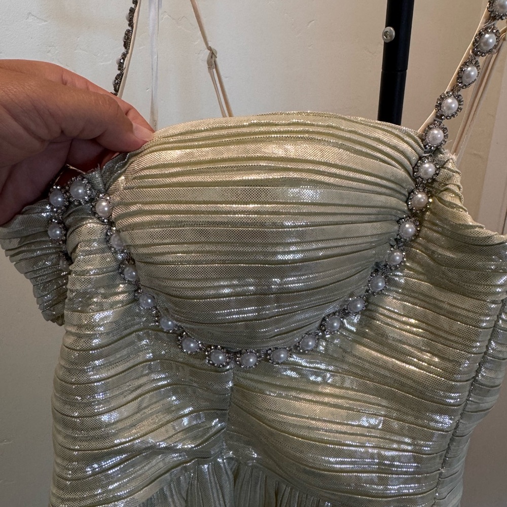 Lulu's Metallic Silver Pleated Bustier Mini Dress with Pearl-Strap Detail - Picture 5 of 6